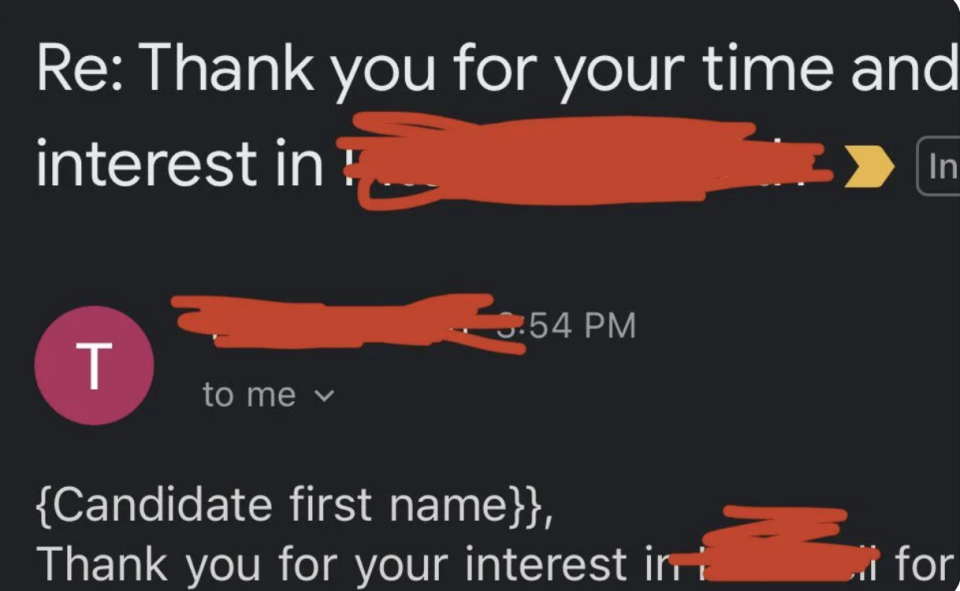 The automated response starts with "candidate first name" before getting into the rejection