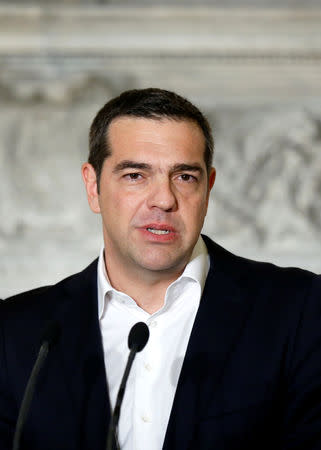 Greek Prime Minister Alexis Tsipras and German Chancellor Angela Merkel (not pictured) hold a joint news conference at the Maximos Mansion in Athens, Greece, January 10, 2019. REUTERS/Costas Baltas