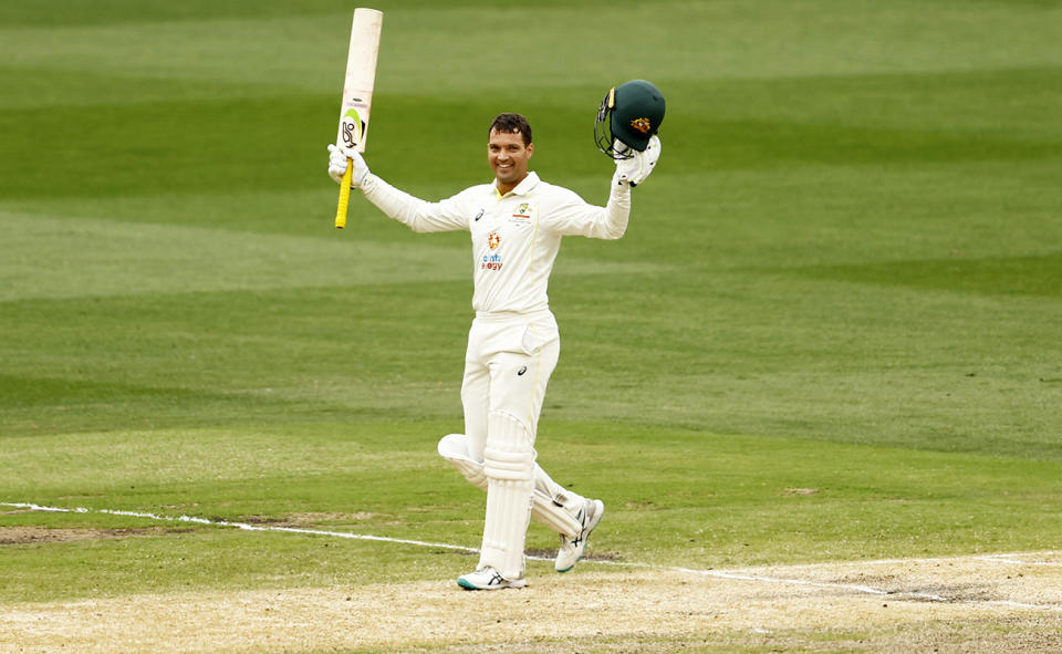 Alex Carey, pictured here after bringing up his century in the second Test against South Africa.