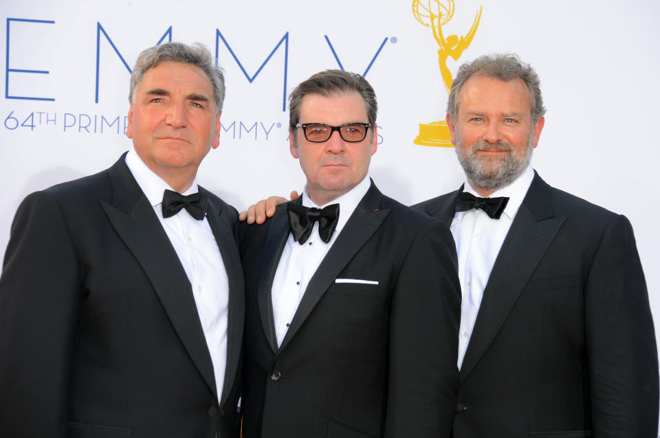 LOS ANGELES, CA - SEPTEMBER 23: (L-R) Actors Jim Carter, Brendan Coyle and Hugh Bonneville arrives at the 64th Annual Primetime Emmy Awards at Nokia Theatre L.A. Live on September 23, 2012 in Los Angeles, California. (Photo by Frazer Harrison/Getty Images)