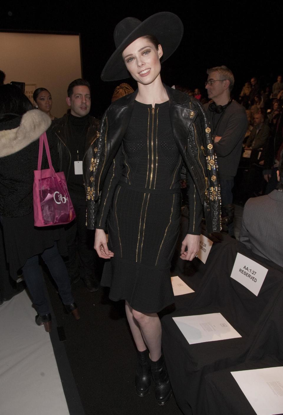 Fashion model Coco Rocha attends the Herve Leger by Max Azria fashion show, on Saturday, Feb. 8, 2014 in New York. (Photo by Andy Kropa/Invision/AP)