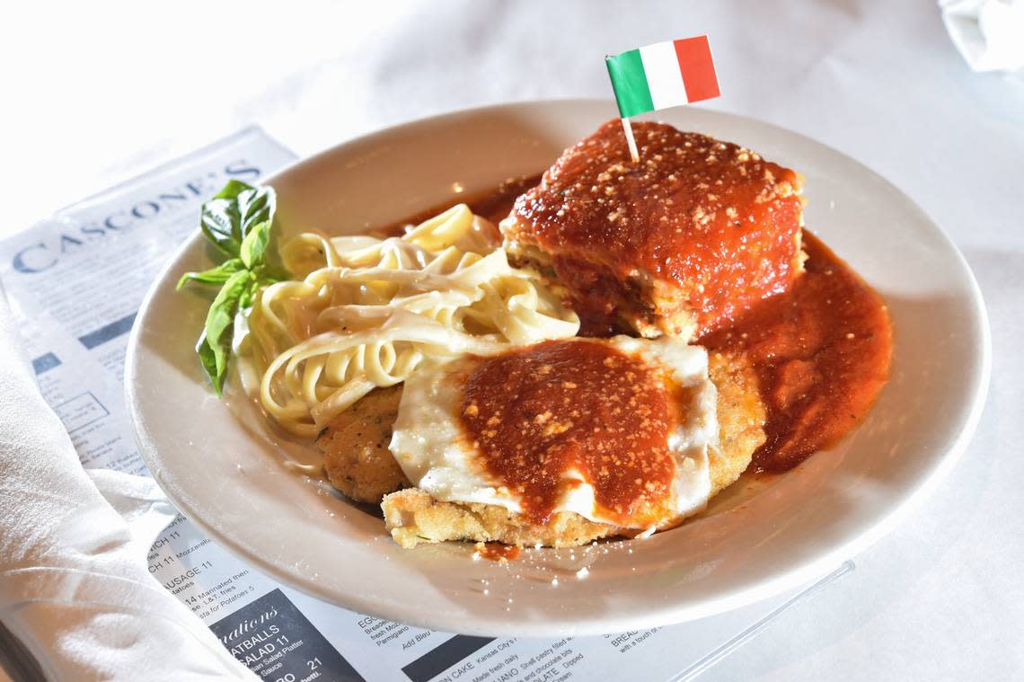 A specialty at Cascone’s Italian Restaurant is The Italian Flag, which features baked lasagna, chicken parmigiana and fettuccine Alfredo.