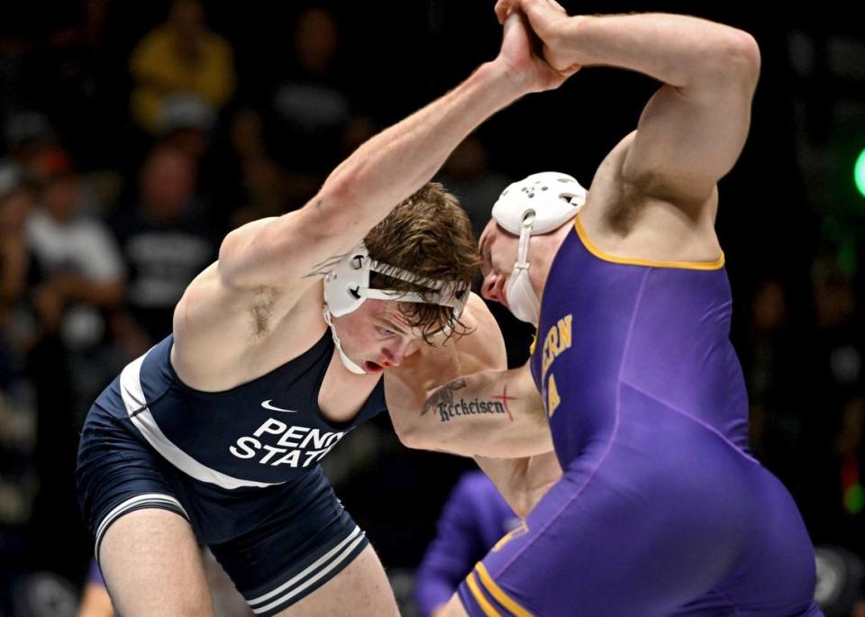 Penn State’s Bernie Truax wrestles Northern Iowa’s Parker Keckeisen in the 174 lb bout of the National Wrestling Coaches Association All-Star Classic at Rec Hall on Tuesday, Nov. 21, 2023.