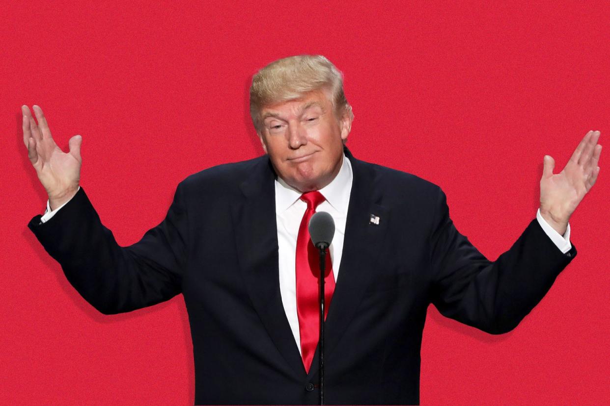 Donald Trump shrugging with his arms in the air.