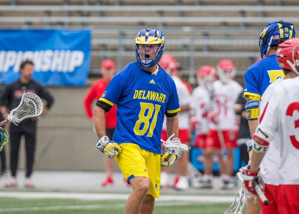 Delaware defender Owen grant celebrates his first-period goal in Sunday's NCAA Lacrosse Tournament quarterfinal against Cornell at Ohio Stadium.