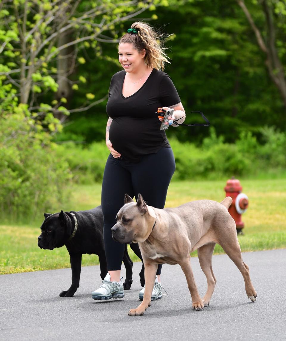 <p>Pregnant Kailyn Lowry walks her dogs near her Delaware home on Thursday.</p>