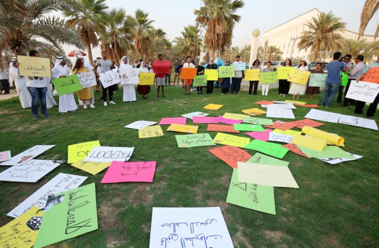 Kuwaitis gather outside the National Assembly on September 15, 2018, to protest against the government's banning in recent years of publications including the Hunchback of Notre-Dame