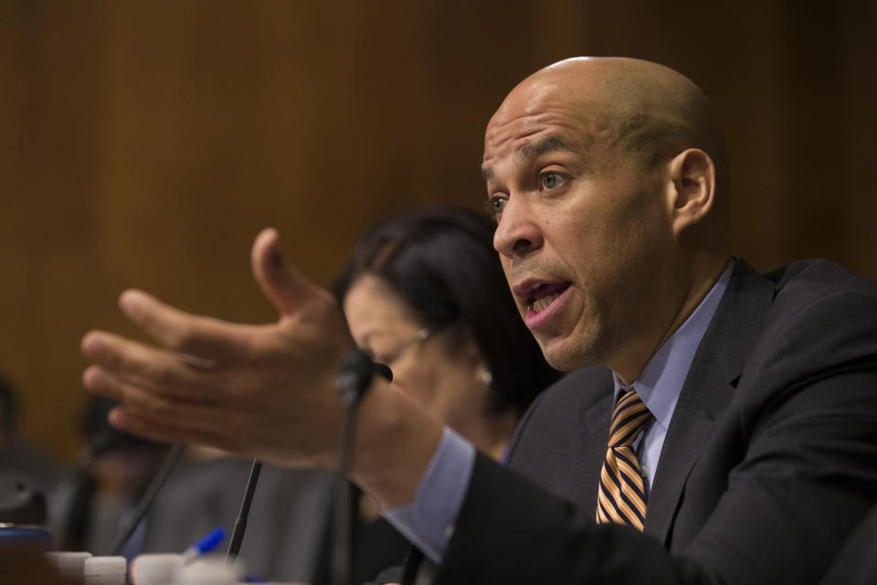 FILE - In this March 6, 2019 file photo Sen. Cory Booker, D-N.J., questions U.S. Customs and Border Protection Commissioner Kevin McAleenan during a hearing in Washington. A growing list of Democratic presidential contenders want the U.S. government to legalize marijuana, reflecting a nationwide shift. Booker has sponsored a legalization bill and it’s supported by Kamala Harris and fellow Sens. Kirsten Gillibrand of New York, Elizabeth Warren of Massachusetts and Bernie Sanders of Vermont. (AP Photo/Alex Brandon, File)