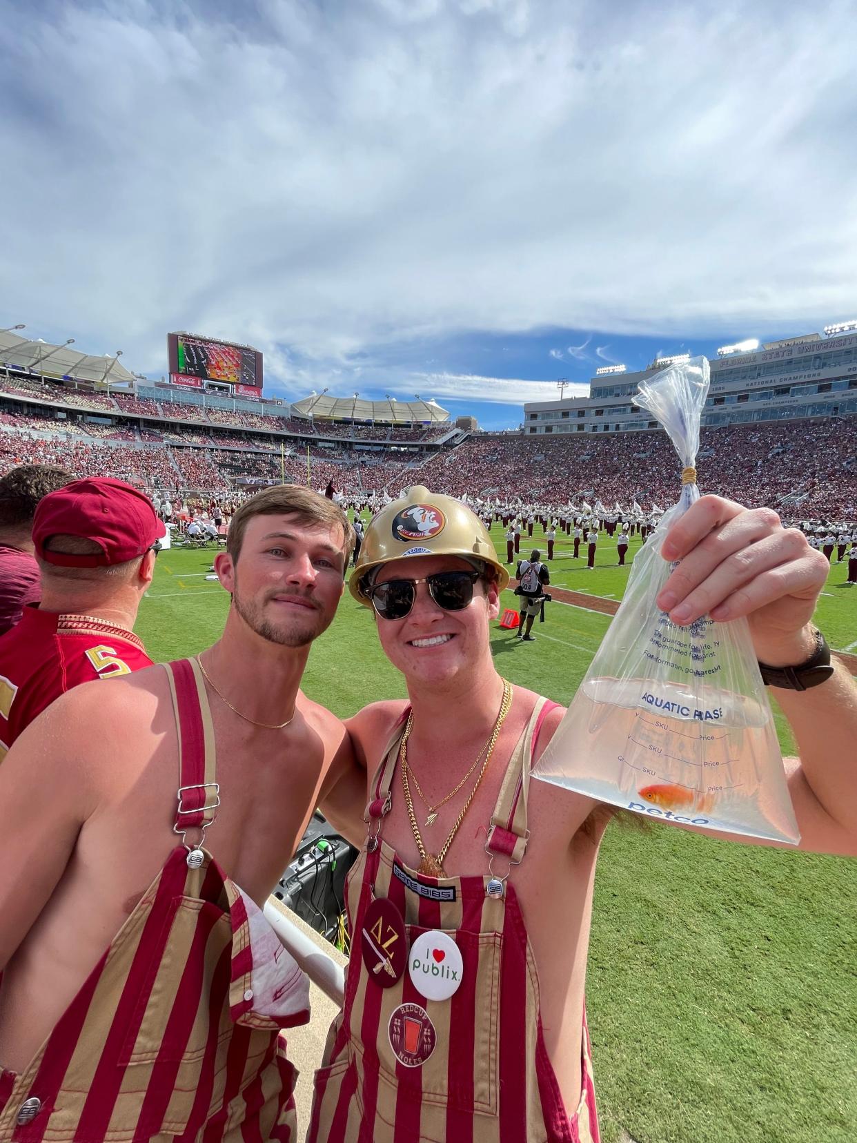 Florida State student junior Jack Henyecz and his pet gold fish, Garnet, have been a main fixture at Florida State home and away football games this season. The fish has been popular amongst fans and even players.