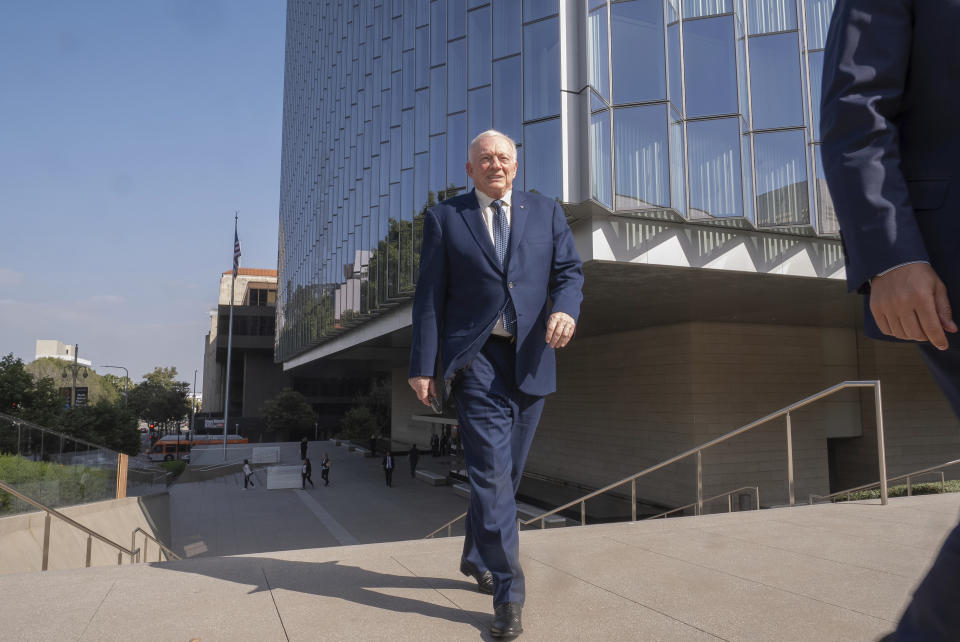 Dallas Cowboys owner and general manager Jerry Jones leaves federal court Monday, June 17, 2024, in Los Angeles. Jones testified in a class-action lawsuit filed by "Sunday Ticket" subscribers claiming the NFL broke antitrust laws. (AP Photo/Damian Dovarganes)