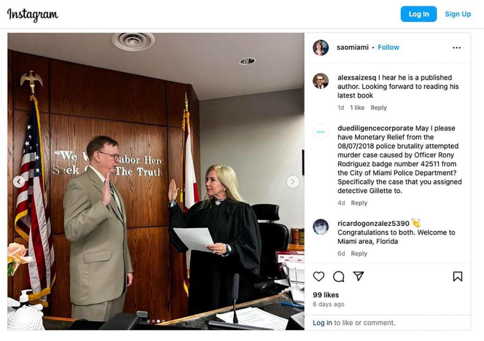 Photo of Steve Gosney, left, being sworn in as an assistant state attorney by Judge Cristina Miranda, right, in a post shared on the official State Attorney Office Instagram account.