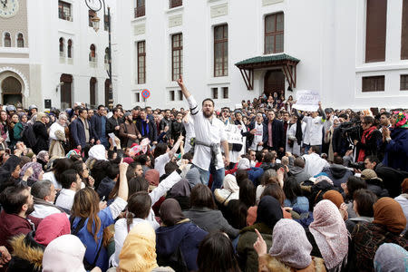 Algerian doctors, who are completing their residency stage of their studies, hold a sit-in protest in Algiers , February 12, 2018. Picture taken February 12, 2018. REUTERS/Ramzi Boudina