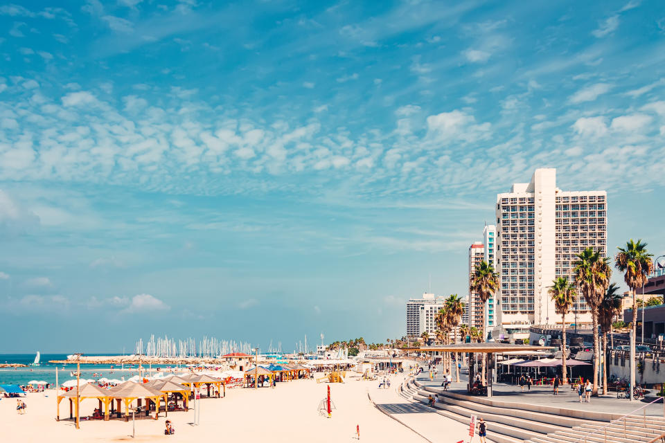 View of Tel Aviv beach, Mediterranean promenade, luxury hotels