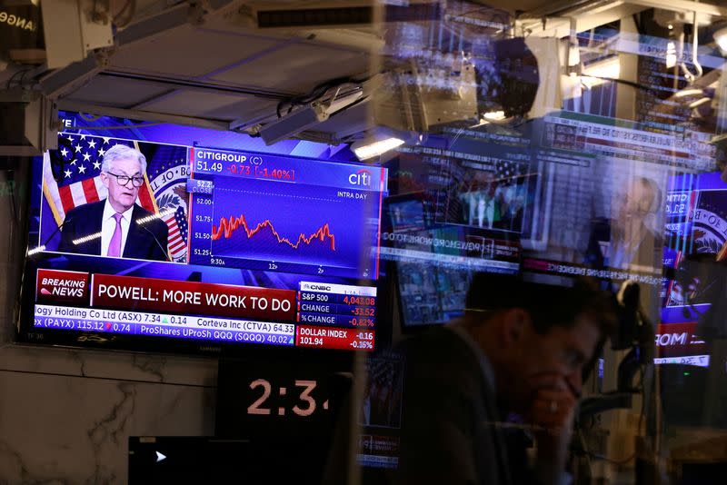 FILE PHOTO: Federal Reserve Chair Jerome Powell interest rate announcement on the trading floor at New York Stock Exchange (NYSE) in New York City