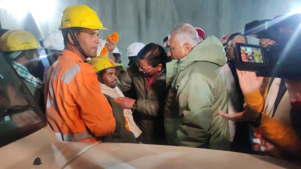 One of the trapped workers is checked after he was rescued from the collapsed tunnel site in Uttarkashi in the northern state of Uttarakhand, India, November 28, 2023. - Uttarkashi District Information/Reuters