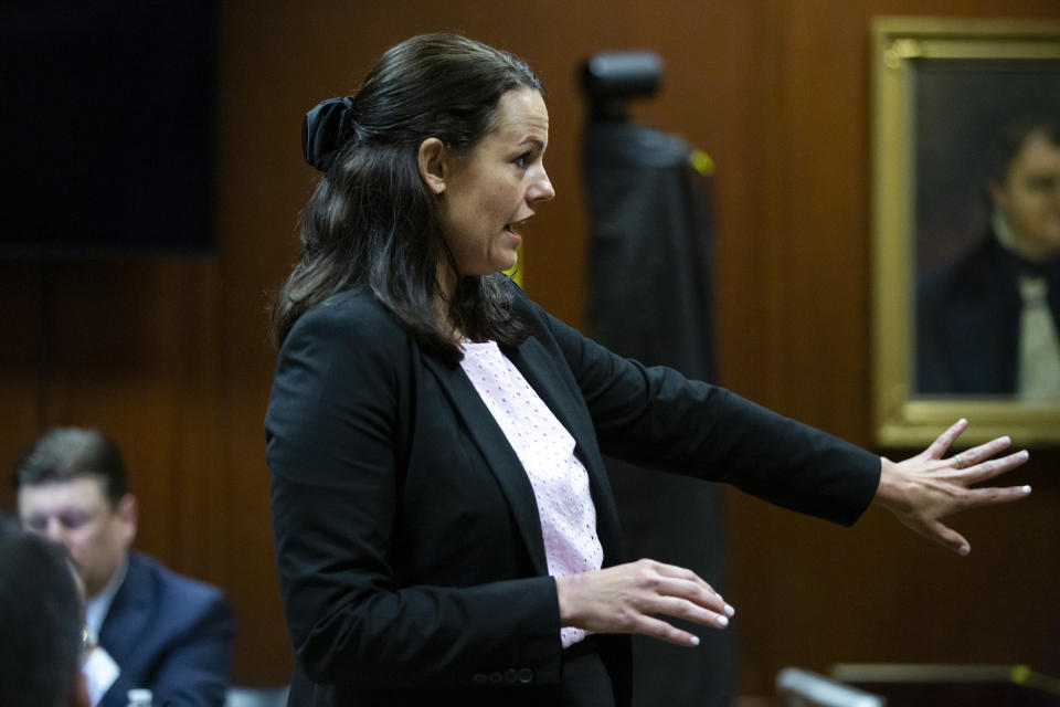 Defense attorney Jennifer Frese gives an opening statement while presenting Cristhian Bahena Rivera's case Tuesday, May 25, 2021, in the Scott County Courthouse in Davenport, Iowa. Bahena Rivera is on trial for the 2018 stabbing death of Mollie Tibbetts, a University of Iowa student. (Kelsey Kremer/The Des Moines Register via AP, Pool)