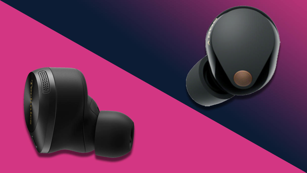  Sony WF-1000XM5 earbud next to a Technics EAH-AZ80 earbud, on pink background 