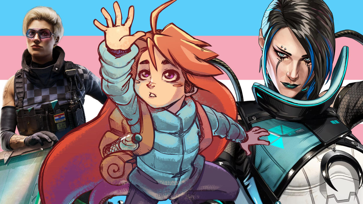  Transgender characters in front of the transgender flag 