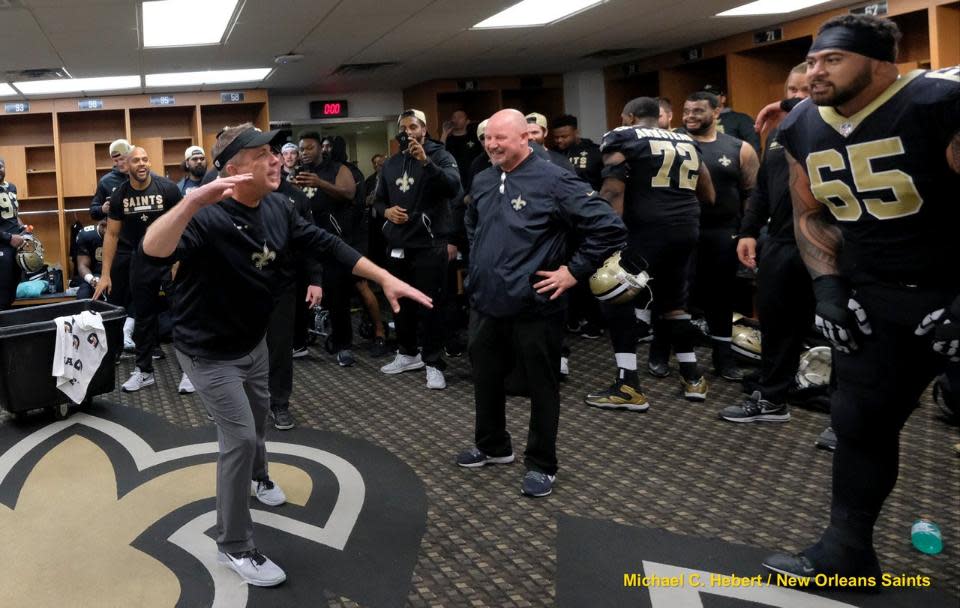 New Orleans Saints coach Sean Payton was just as excited as his players after the team’s playoff win Sunday. (Saints.com)