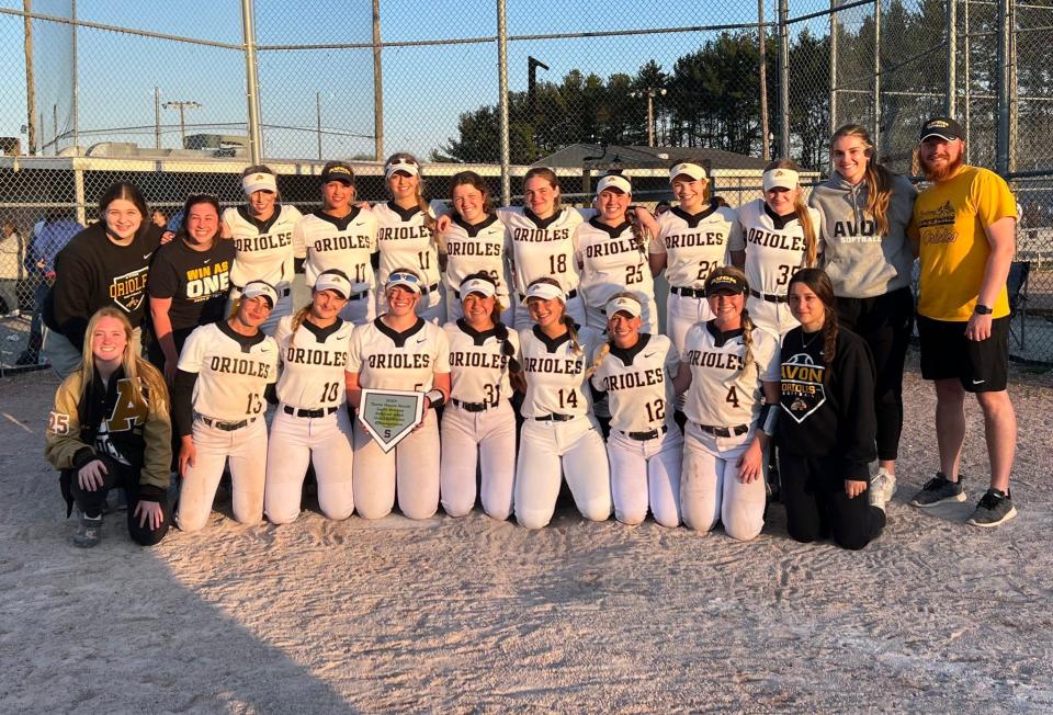 The Avon Orioles softball team poses for a photo after winning the Terre Haute South Softball Bash on Saturday, April 8, 2023.