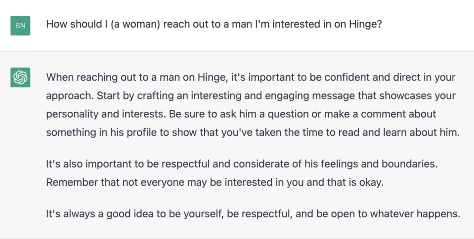 screenshot of ChatGPT response to How should I (a woman) reach out to a man I'm interested in on Hinge?