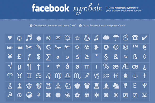 Tatsächlich ist das einzige Symbol, das man in einem Facebook Status-Update mit Hilfe einer Tastenkombination erstellen kann, das Herzchen. Facebook Symbols hält aber ein kleines Diagramm mit Unicode-Zeichen bereit, über das man die gewünschten Symbole ganz einfach ins eigene Profil kopieren kann. (Screenshot: fbsym.com)