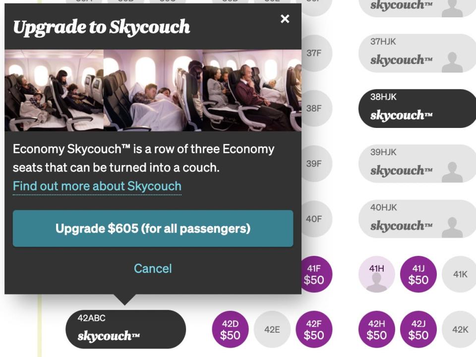 ANZ's website showing how much a Skycouch costs for the NY to Auckland leg.