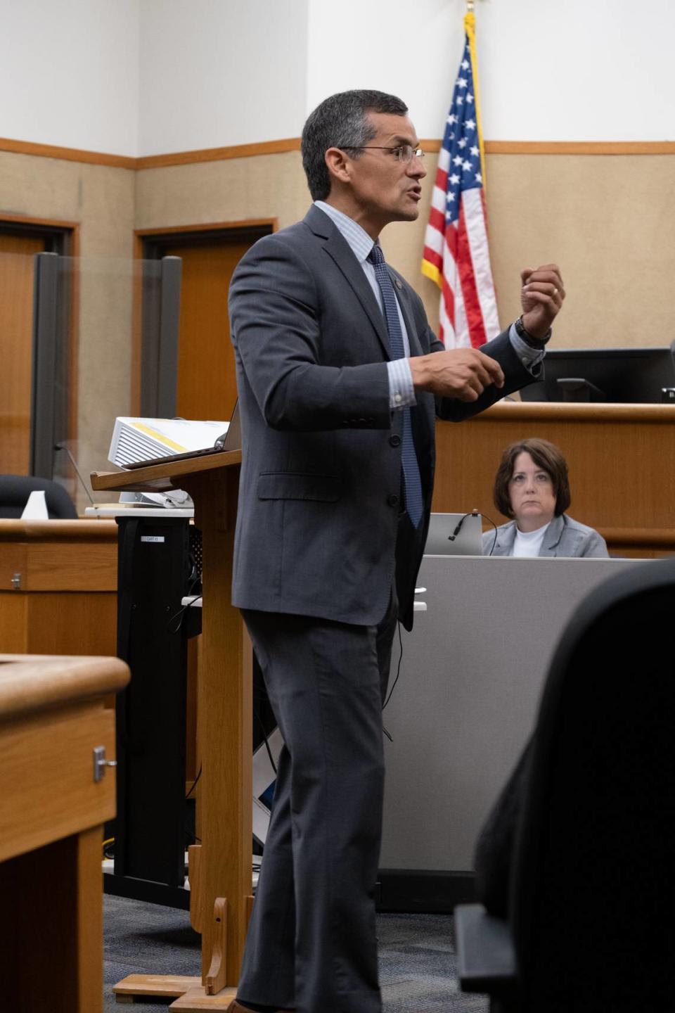 San Luis Obispo County Assistan District Attorney Eric Dobroth gives his opening statements in the murder trial against Stephen Deflaun in San Luis Obispo Superior Court on March 27, 2023.