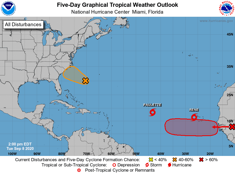 In addition to Tropical Storms Paulette and Rene, forecasters are also keeping an eye on a system that's off the Southeast U.S. coast and also one that's about to emerge off of Africa.