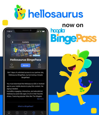 hoopla BingePass adds access to Hellosaurus, the premier app for interactive kids’ content, featuring uniquely interactive stories that build confident, curious and creative kids.