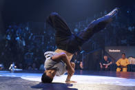 FILE - Victor Montalvo, also known as B-Boy Victor, of the United States, competes in the B-boy Red Bull BC One World Final at Hammerstein Ballroom on Saturday, Nov. 12, 2022, in Manhattan, New York. The International Olympic Committee announced two years ago that breaking would become an official Olympic sport, a development that divided the breaking community between those excited for the larger platform and those concerned about the art form's purity. (AP Photo/Andres Kudacki, File)