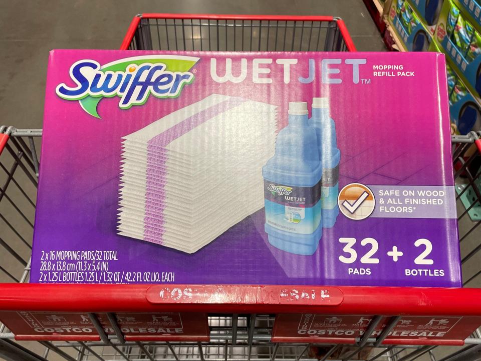 swifer wet jet refill cloths in a cart at costco