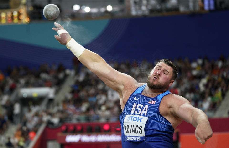 Joe Kovacs, of the United States, competes in the men's shot put final at the World Athletics Championships in Doha, Qatar, Saturday, Oct. 5, 2019. (AP Photo/David J. Phillip)