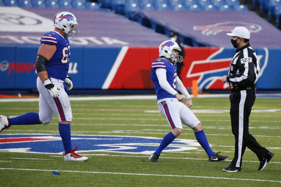 Buffalo Bills' Tyler Bass (2) celebrates after kicking a field goal during the second half of an NFL wild-card playoff football game against the Indianapolis Colts Saturday, Jan. 9, 2021, in Orchard Park, N.Y. (AP Photo/Jeffrey T. Barnes)