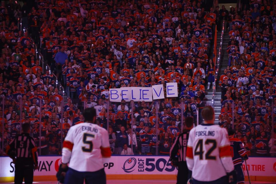 <span>Edmonton Oilers fans hold up letters spelling "Believe" prior to Game Six of the 2024 Stanley Cup Final against the Florida Panthers at Rogers Place on June 21, 2024 in Edmonton, Alberta</span><div><span>BRUCE BENNETT</span><span>GETTY IMAGES NORTH AMERICA</span></div>