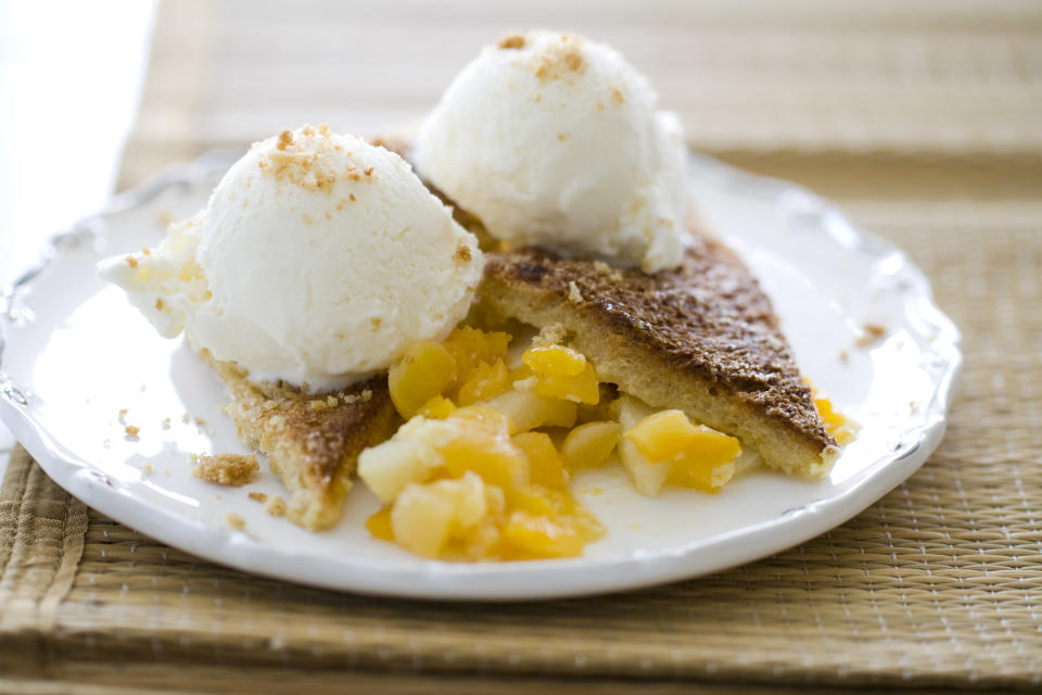 This Sept. 8, 2013 photo shows baked apples and apricots with French toast crust in Concord, N.H. (AP Photo/Matthew Mead)