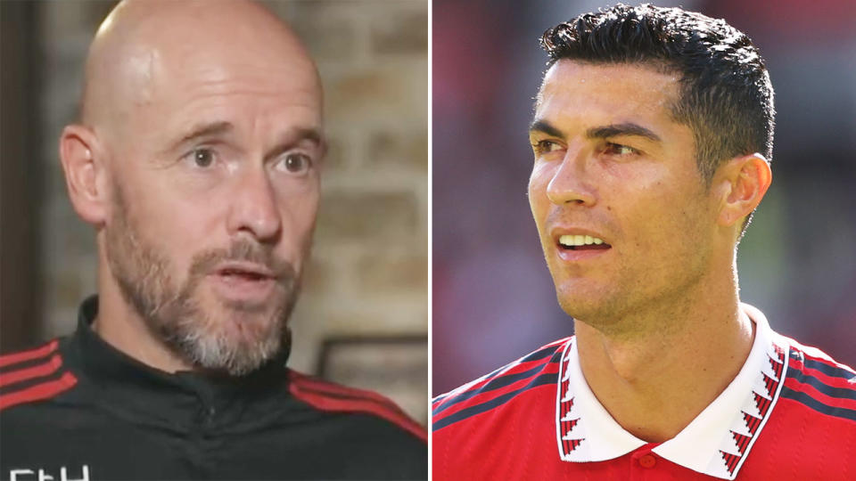 Manchester United manager Erik ten Hag says it was 'unacceptable' of Cristiano Ronaldo and other players to leave the Ray Vallecano friendly before full-time. Pic: Twitter/Getty