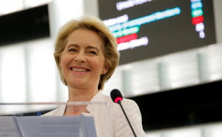 Elected European Commission President Ursula von der Leyen delivers a speech after a vote on her election at the European Parliament in Strasbourg