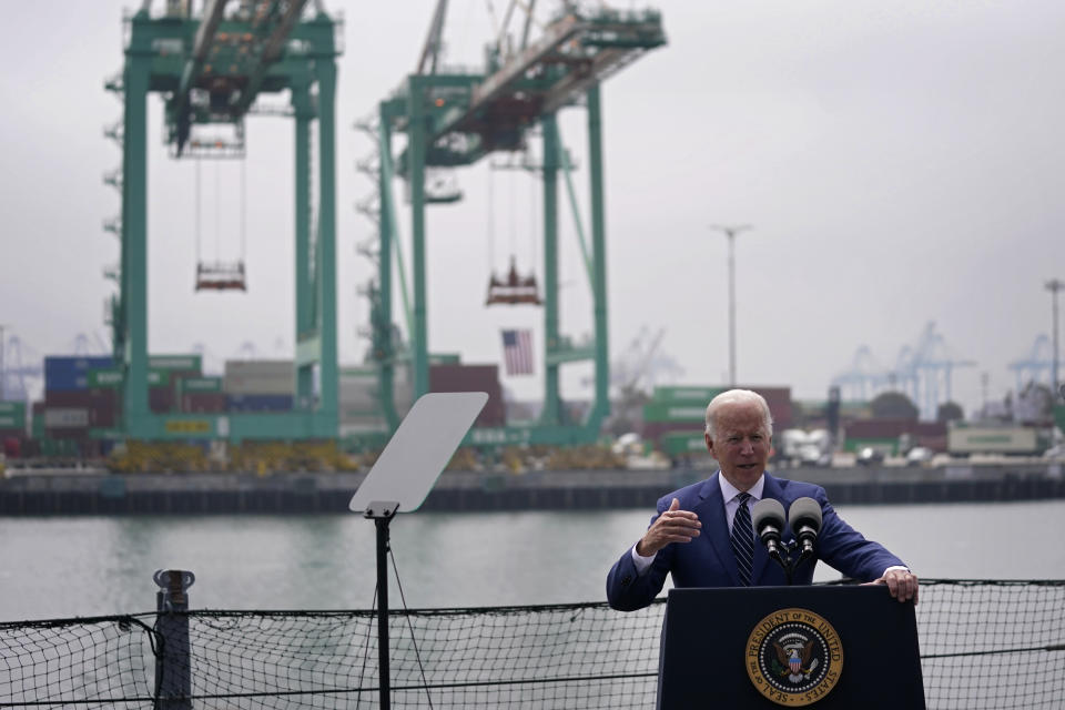 President Joe Biden speaks about inflation and supply chain issues at the Port of Los Angeles, Friday, June 10, 2022, in Los Angeles. (AP Photo/Evan Vucci)