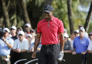 FILE - In this March 9, 2014 file photo, Tiger Woods grimaces after teeing off on the 12th hole during the final round of the Cadillac Championship golf tournament in Doral, Fla. Woods will miss the Masters for the first time in his career after having surgery on his back. Woods said on his website that he had surgery Monday, March 31, 2014, in Utah for a pinched nerve that had been hurting him for several months. (AP Photo/Lynne Sladky, File)