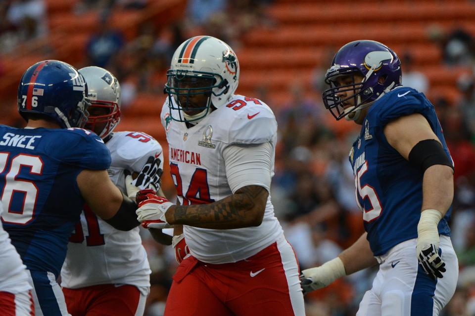 AFC defensive tackle Randy Starks of the Miami Dolphins (94) runs in the fourth quarter against the NFC during the 2013 Pro Bowl at Aloha Stadium. The NFC defeated the AFC 62-35.