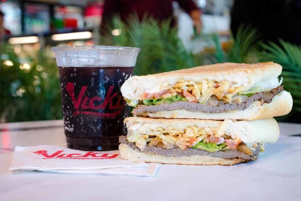 Steak sandwiches like this pan con bistec are staples at Vicky Bakery, which opened in 1972 and is opening its first stores in Palm Beach County in 2023 at locations in Royal Palm Beach and suburban Boca Raton.