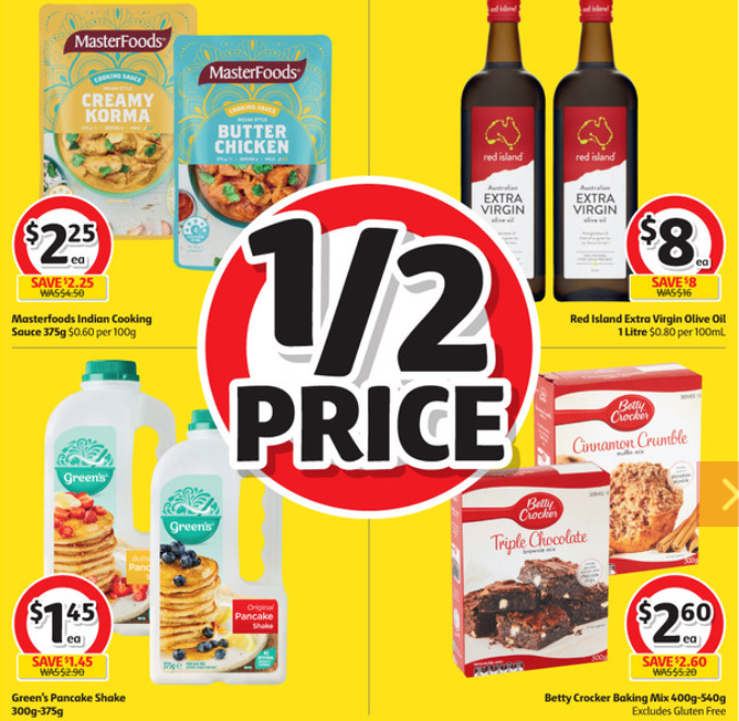 Cooking sauce, cooking oil, pancake mix and cake mix selling for half-price at Coles.