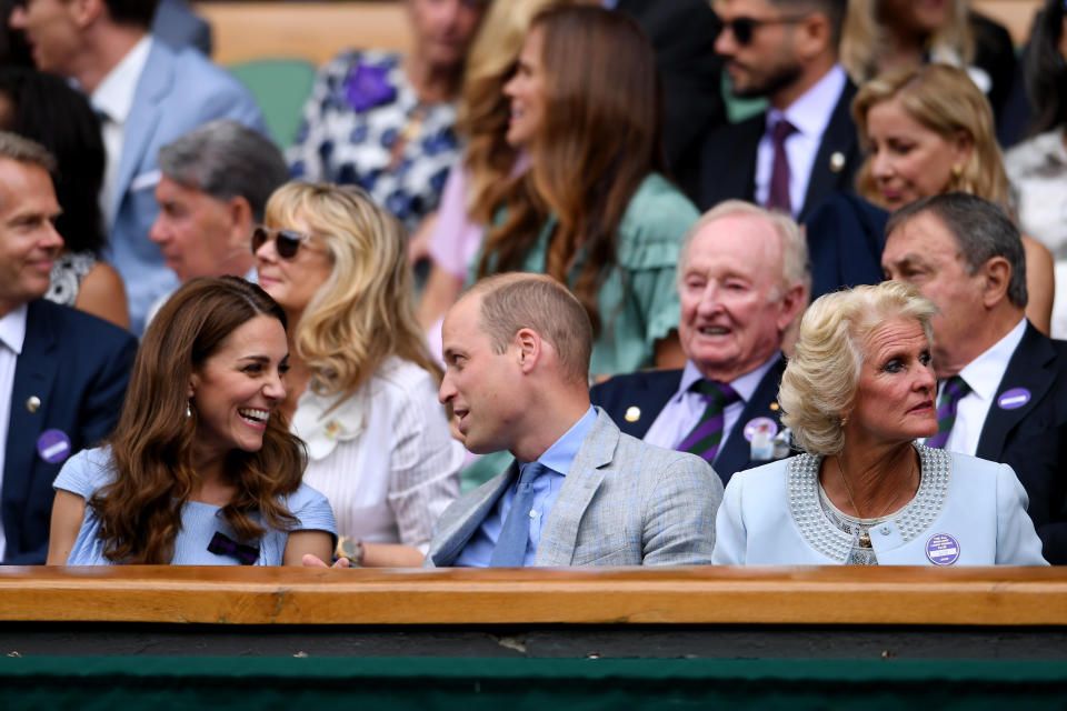LONDON, ENGLAND - JULY 14: Catherine, Duchess of Cambridge and Prince William, Duke of Cambridge attend the Royal Box prior to the Men's Singles final between Novak Djokovic of Serbia and Roger Federer of Switzerland during Day thirteen of The Championships - Wimbledon 2019 at All England Lawn Tennis and Croquet Club on July 14, 2019 in London, England. (Photo by Laurence Griffiths/Getty Images)