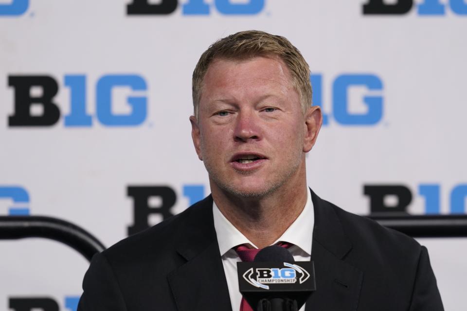 FILE - Nebraska head coach Scott Frost talks to reporters during an NCAA college football news conference at the Big Ten Conference media days, at Lucas Oil Stadium, Tuesday, July 26, 2022, in Indianapolis. Nebraska starts their season Aug. 27, 2022, against Northwestern in Dublin, Ireland. (AP Photo/Darron Cummings, File)