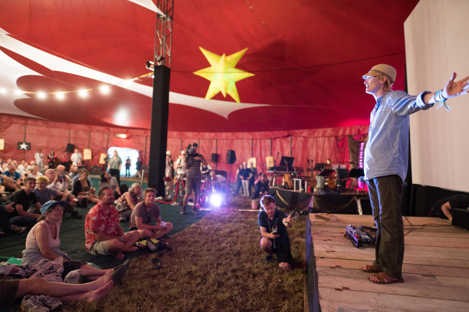 Tilda Swinton introducing a premiere screening of the Jim Jarmusch film The Dead Don't Die at Pilton Palais Cinema on Day 2 (Thursday) of the 2019 Glastonbury Festival at Worthy Farm in Somerset. Photo date: Thursday, June 27, 2019. Photo credit should read: Richard Gray/EMPICS Entertainment