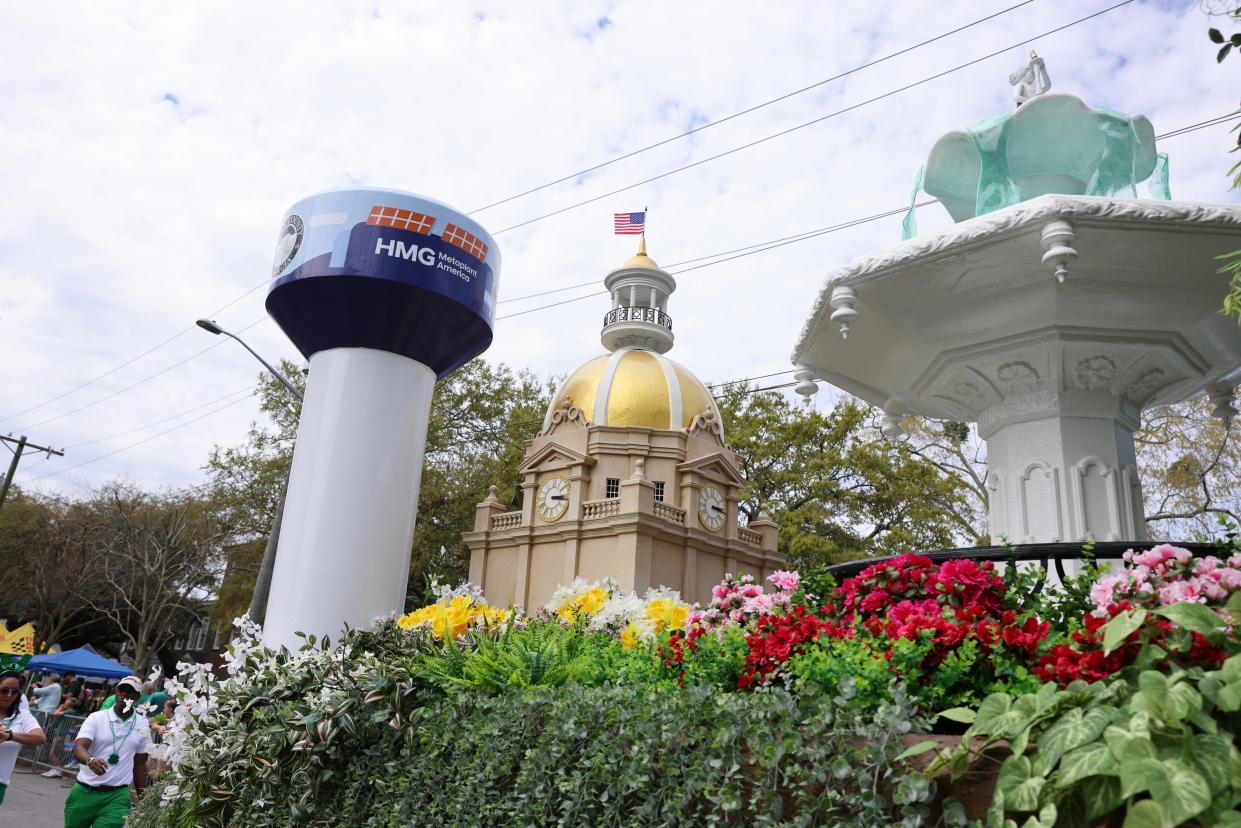 The Hyundai Motor Group float included Savannah City Hall and the Forsyth Park Fountain during the Savannah St. Patrick's Day Parade on Saturday, March 16, 2024.