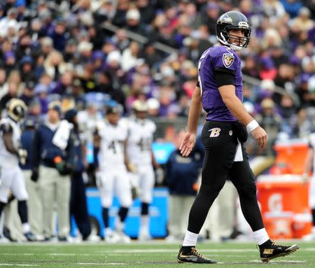 Nov 22, 2015; Baltimore, MD, USA; Baltimore Ravens quarterback Joe Flacco (5) walks off the field against the St. Louis Rams at M&T Bank Stadium. The Ravens won 16-13. Mandatory Credit: Evan Habeeb-USA TODAY Sports