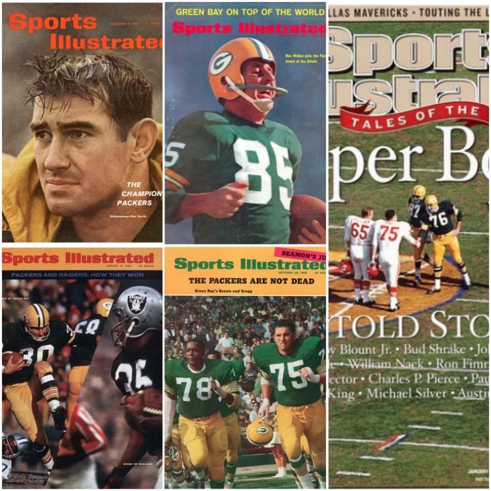 1960s-era Packers appearing on Sports Illustrated covers included (clockwise from upper left) Dan Currie, Max McGee, Bob Skoronski (76) and Willie Davis at midfield of Super Bowl I, Robert Brown with Forrest Gregg and Chuck Mercein.