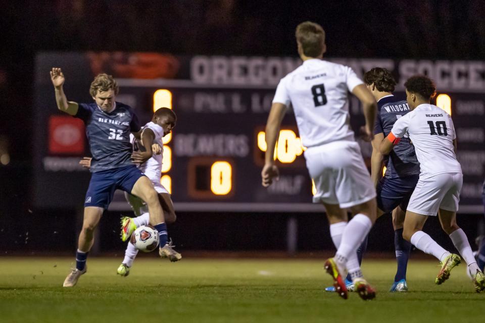 Rory O'Driscoll of the 16th-seeded University of New Hampshire controls the ball against host No. 1 Oregon State in an NCAA men's soccer tournament round of 16 match Sunday, Nov. 28, 2021. OSU defeated UNH, 1-0, to advance to the quarterfinal round.